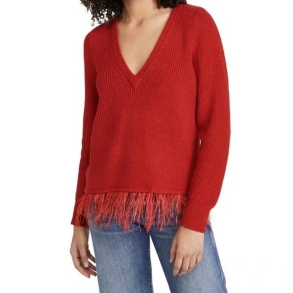 Saylor NYC Juneau Feathered Sweater Pullover Long Sleeve V Neck Wool Red- SMALL